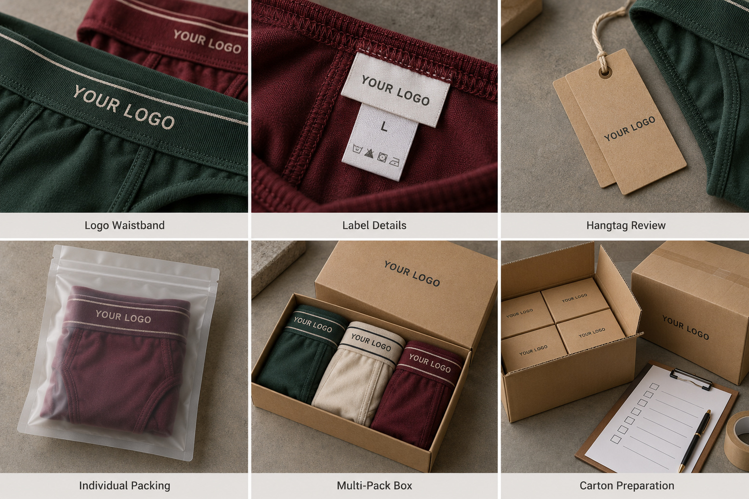 Custom underwear branding with kraft boxes, individual bags and export cartons.