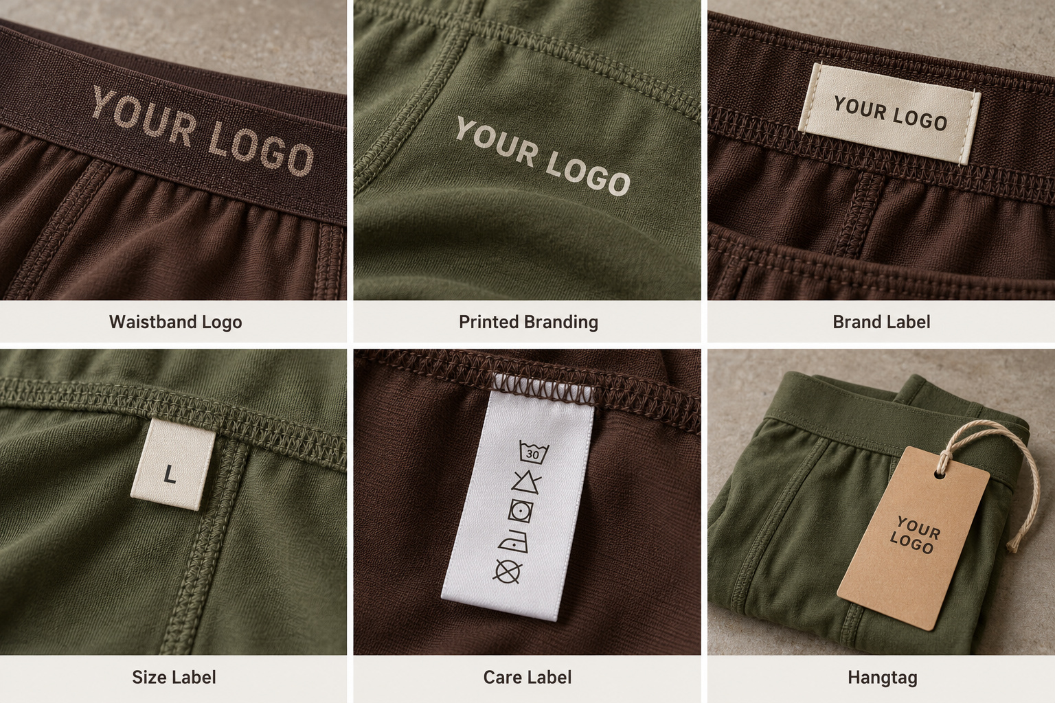 Custom underwear logos, size labels, care labels and hangtags in brown and olive.