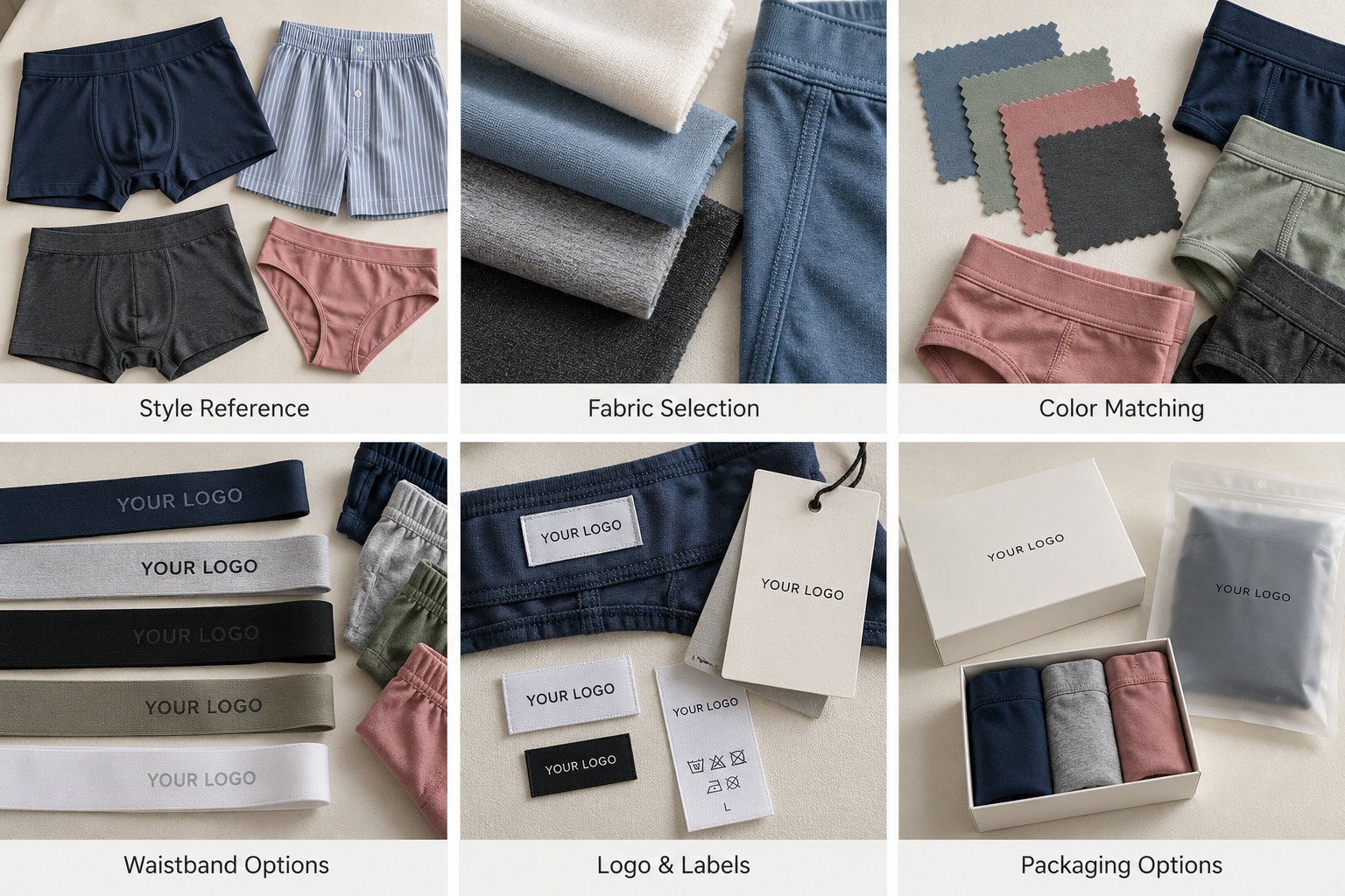 Custom underwear styles, fabrics, colors, waistbands, labels and packaging.