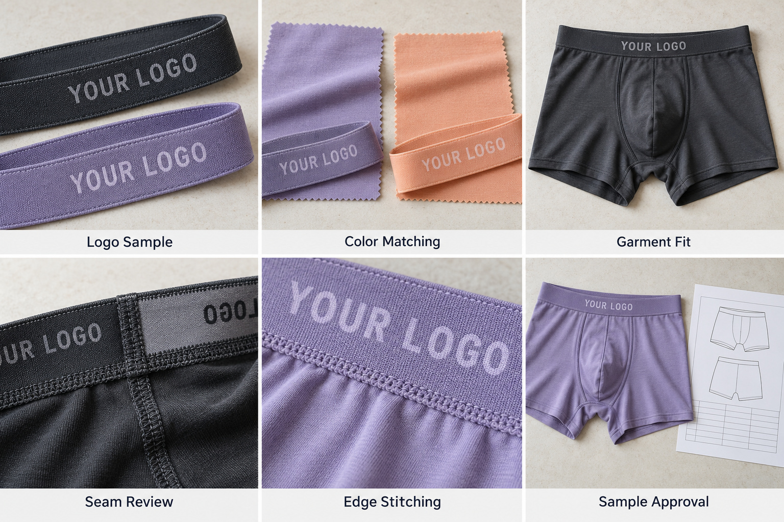 Custom underwear waistband samples with logo, color matching and stitching details.