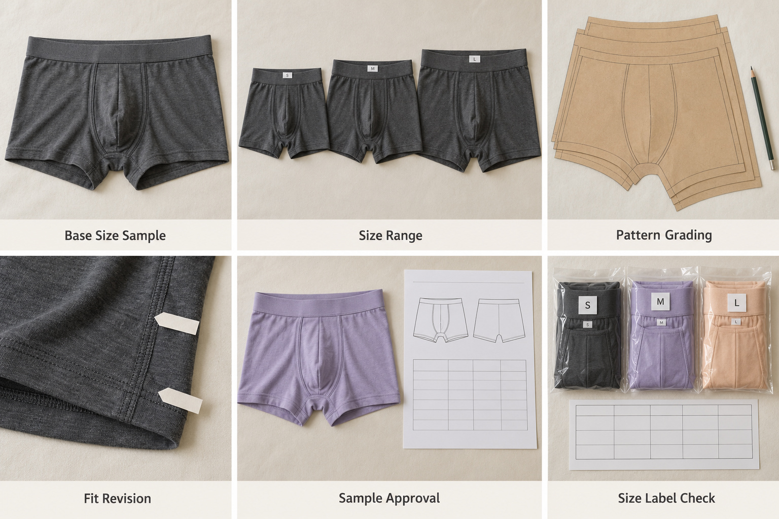 Men’s underwear size samples, pattern grading, fit revisions and size label checks.