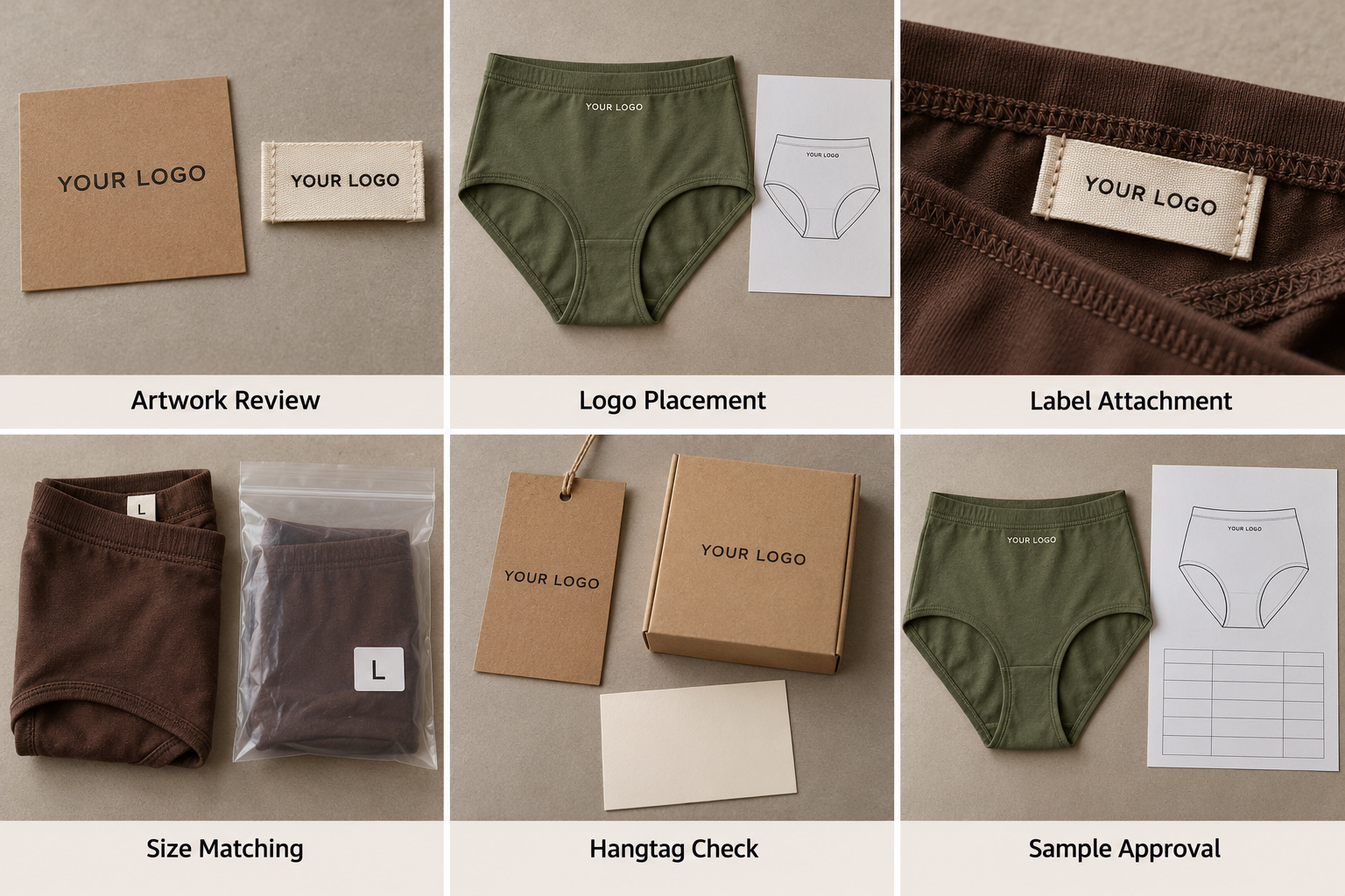 Underwear branding samples with logo placement, labels, hangtags and approval sheet.