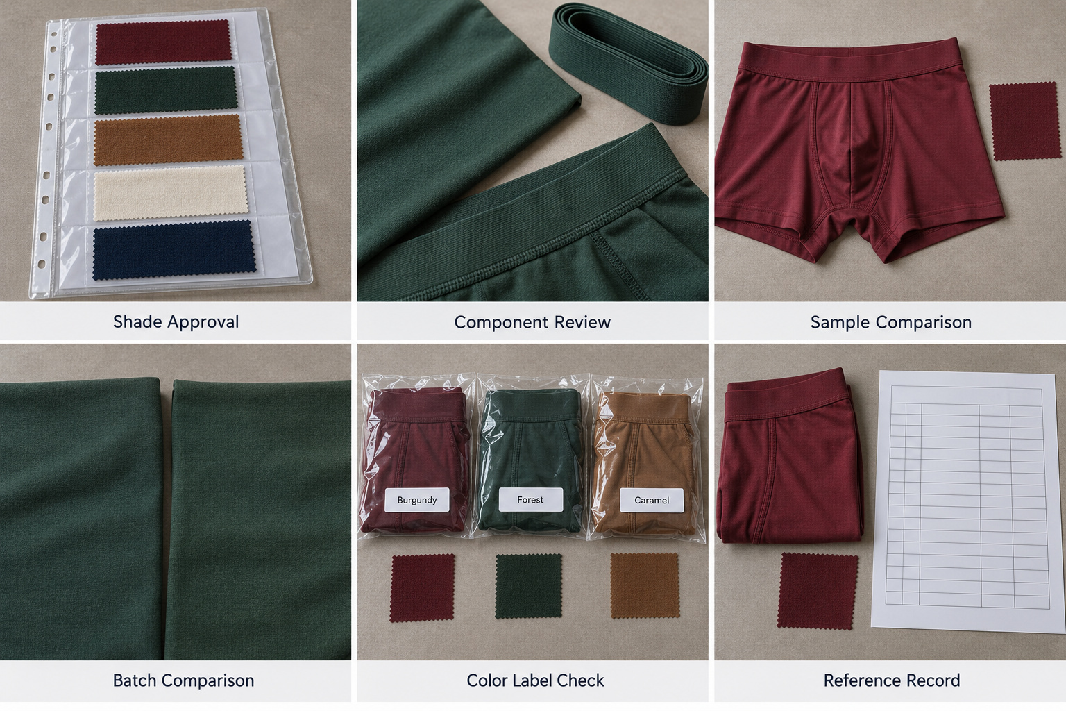 Underwear color confirmation with garment samples, batch comparisons and reference records.