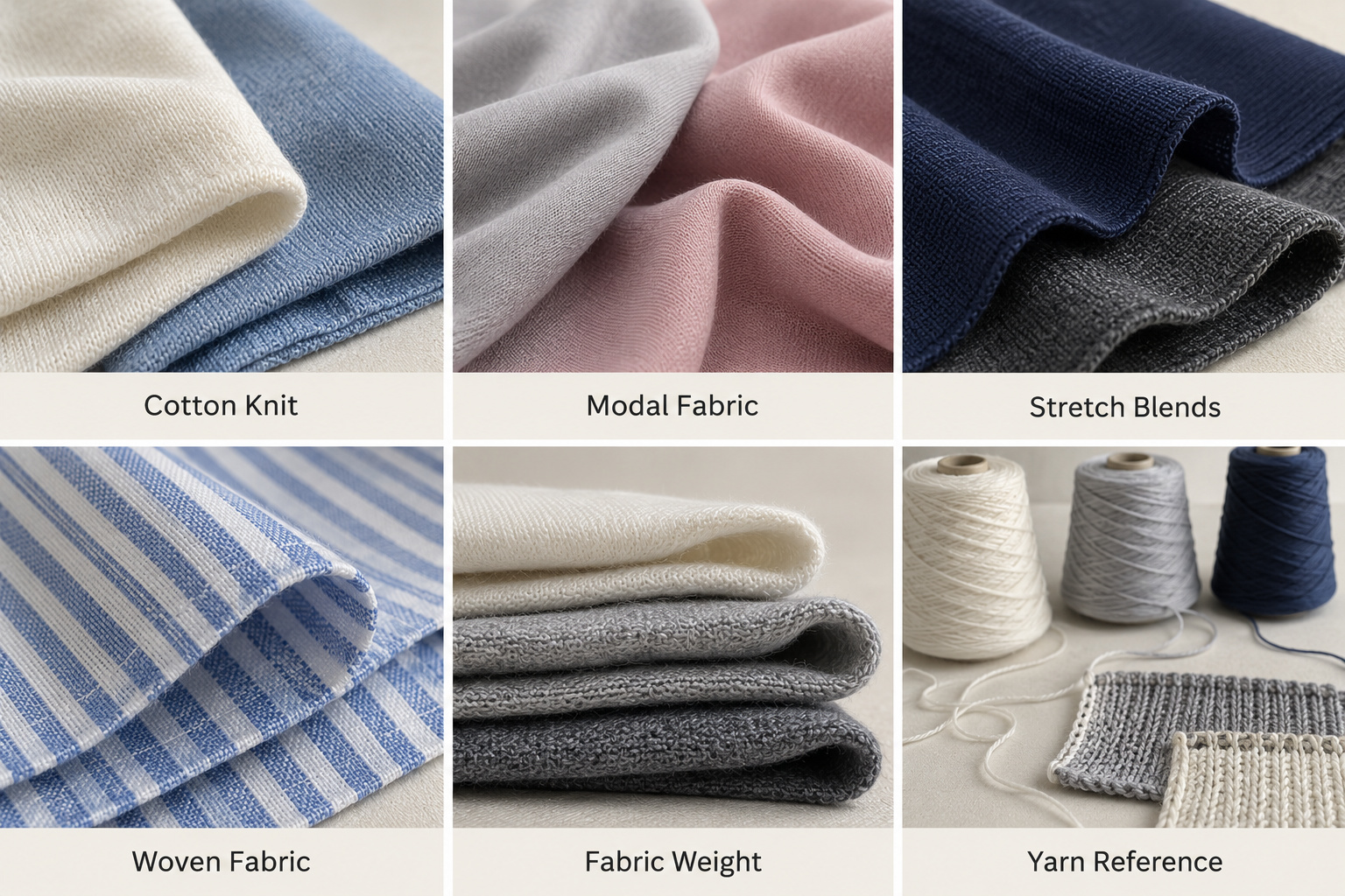 Underwear cotton knit, modal, stretch and woven fabric samples with yarn references.