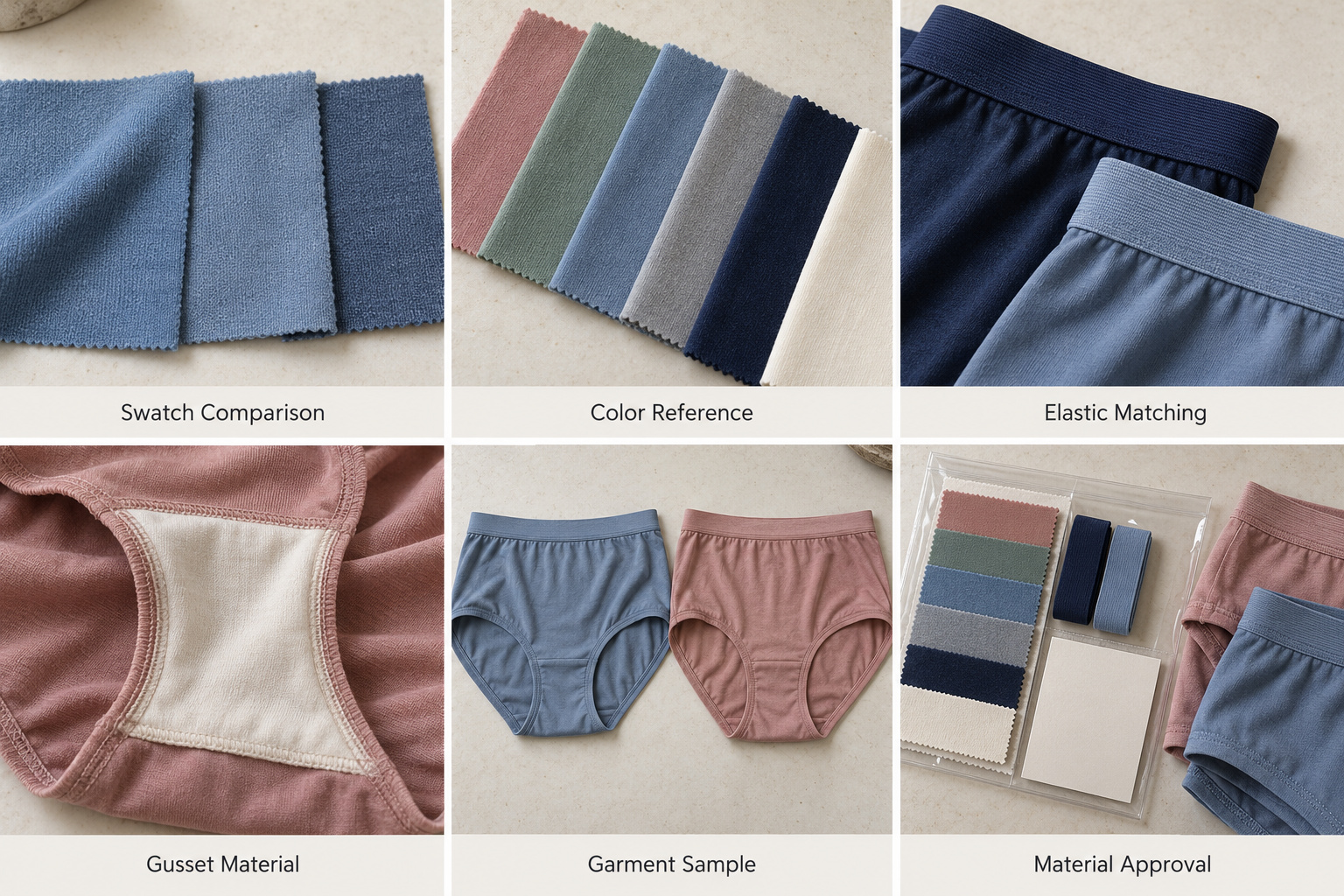 Underwear fabric comparison, color matching, elastic and gusset material samples.