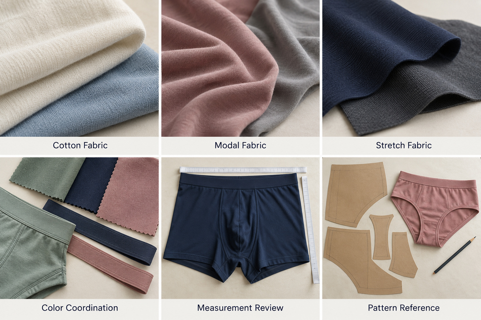 Underwear fabric selection, color coordination, measurement and pattern samples.