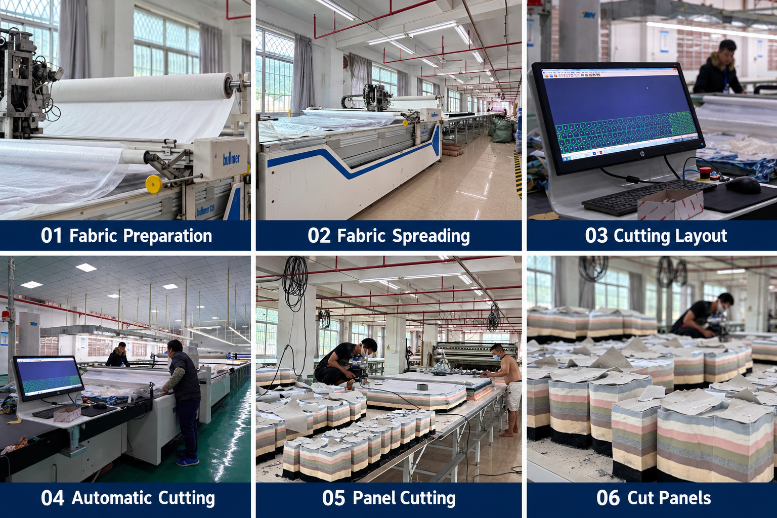 Underwear fabric spreading, cutting layout, automatic cutting and cut panels.