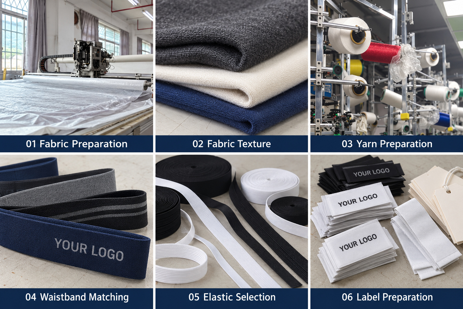 Underwear fabric, yarn, waistband, elastic and label preparation.