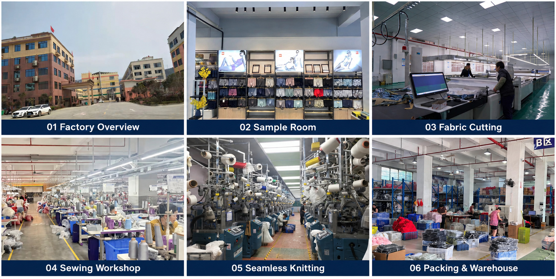 Underwear factory, sample room, cutting, sewing, seamless knitting and packing warehouse.