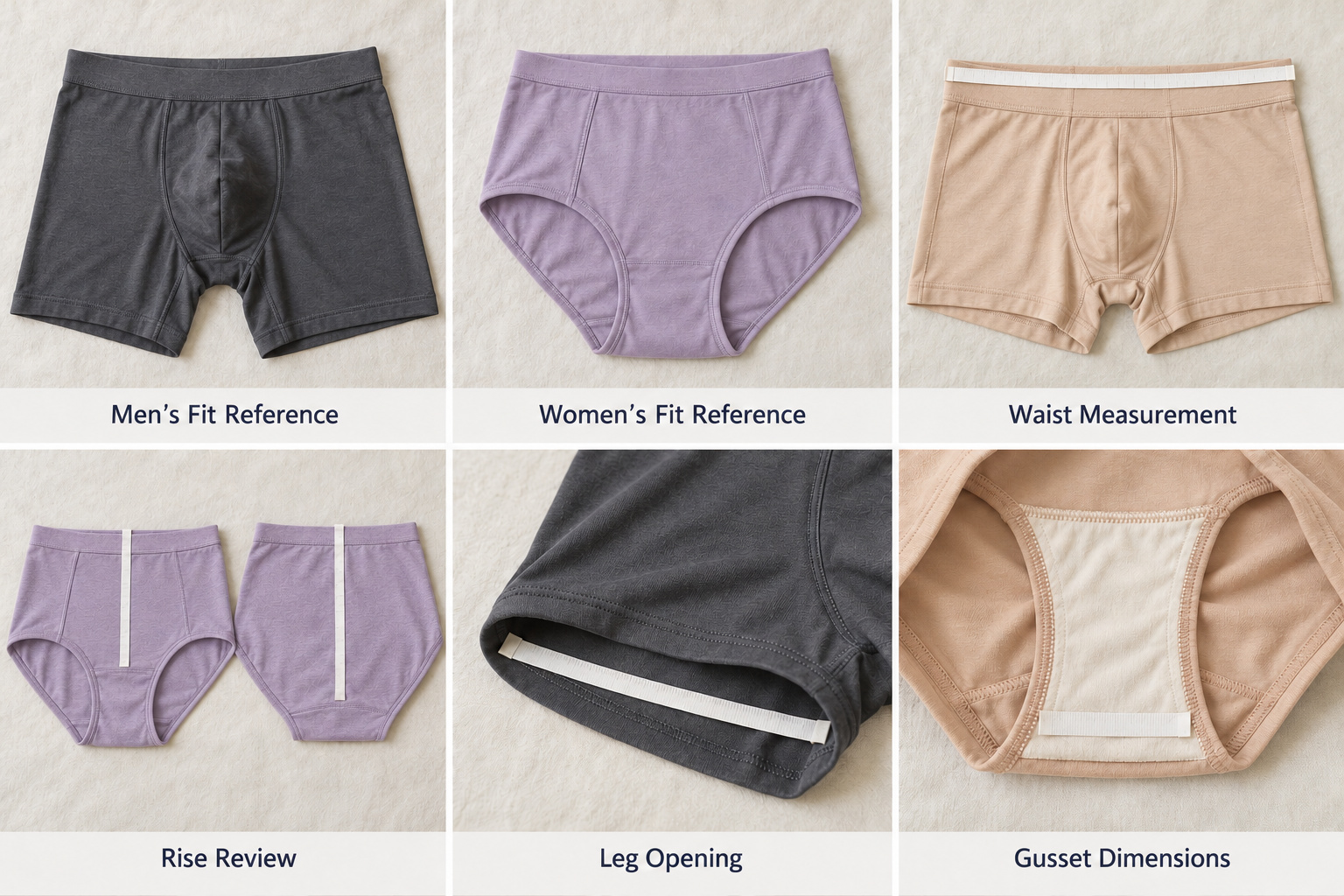 Underwear fit samples with waist, rise, leg opening and gusset measurement references.