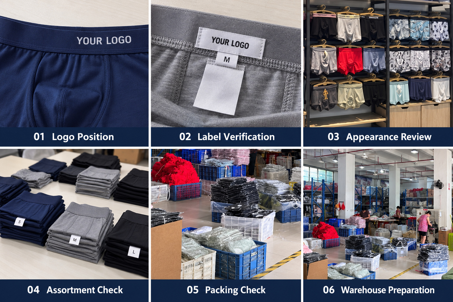 Underwear logo, label, appearance, assortment and packing checks.