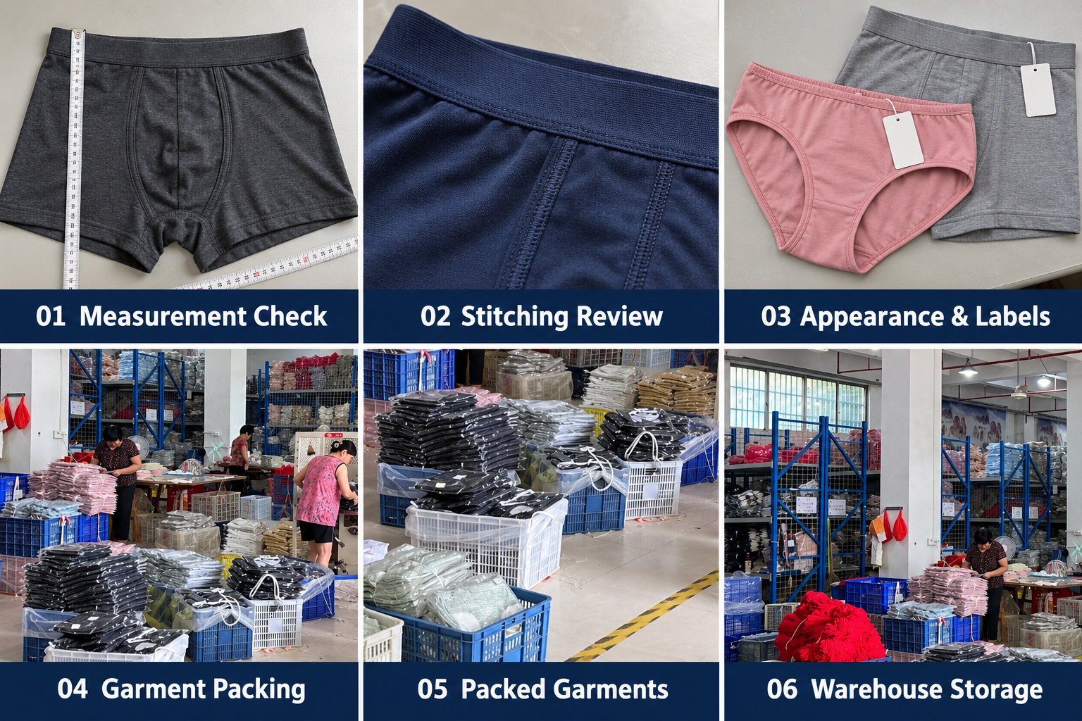 Underwear measurement, stitching and appearance checks with packing and warehouse storage.
