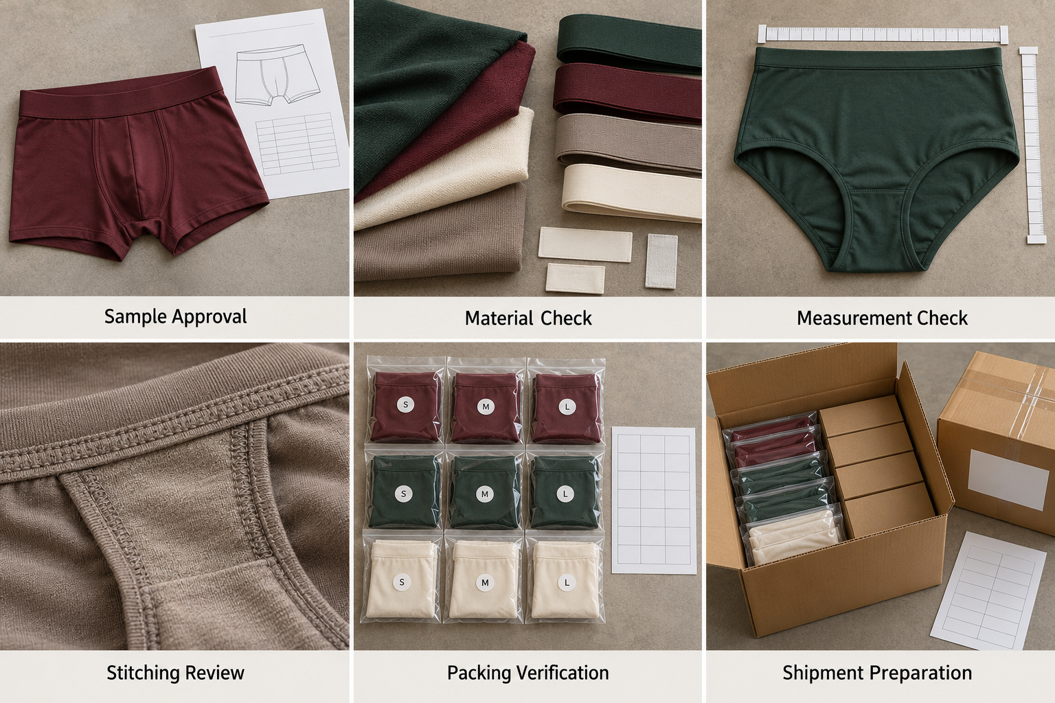 Underwear measurement, stitching review, packing verification and shipment preparation.