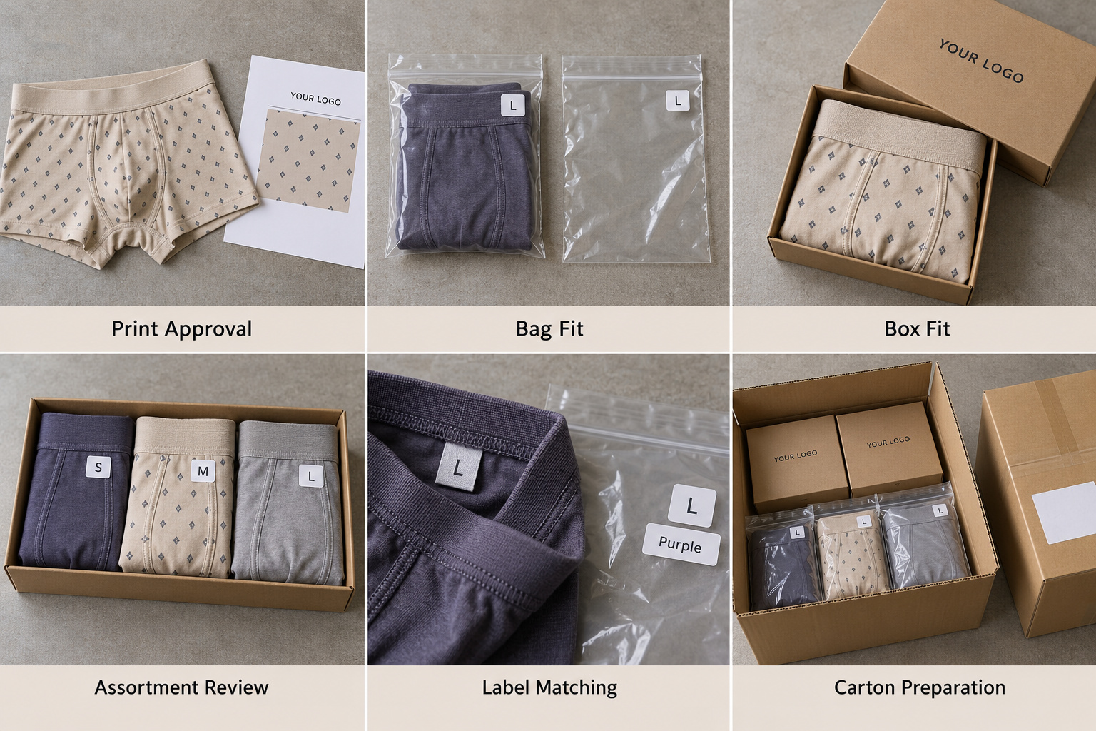 Underwear packaging checks with print samples, multi-packs and export cartons.