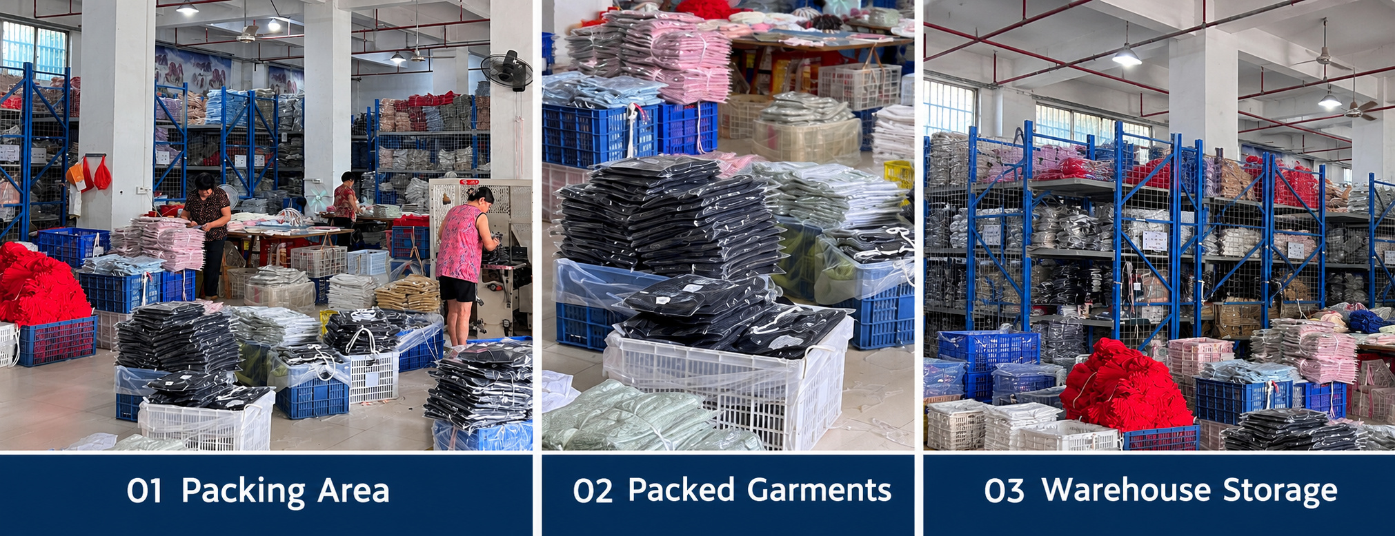 Underwear packing area, packaged garments and warehouse storage.