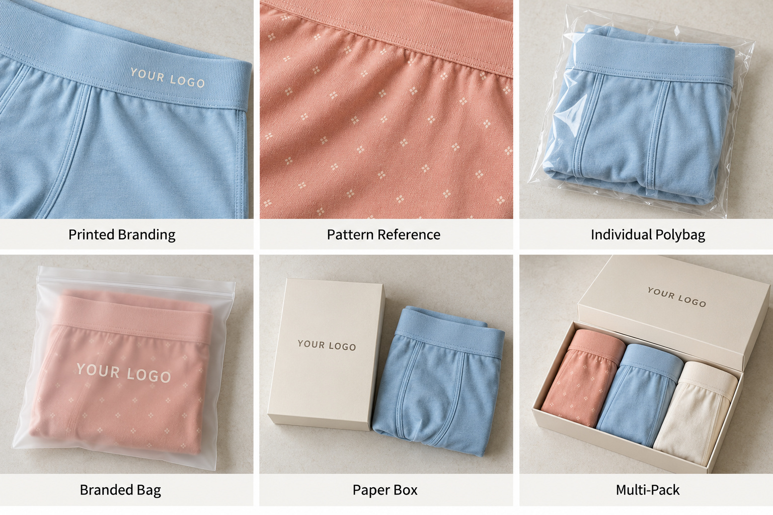 Underwear printing, bags, paper boxes and multi-packs in ice blue and peach pink.
