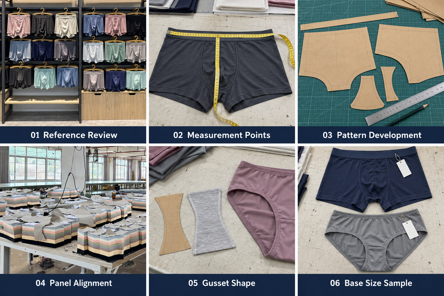 Underwear reference samples, measurement checks, patterns, cut panels and base-size samples.