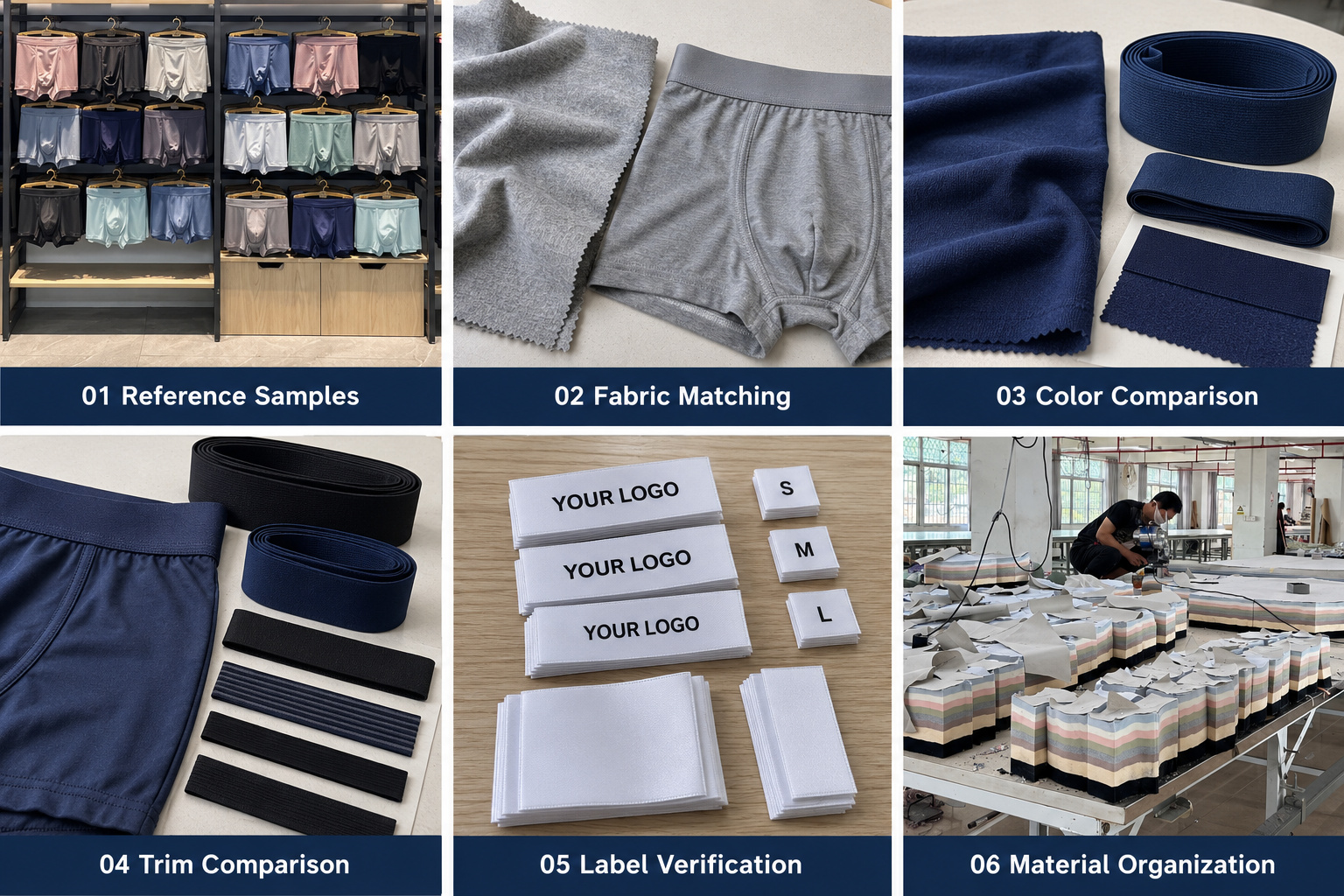 Underwear sample matching, fabric and trim comparison, label checks and material preparation.