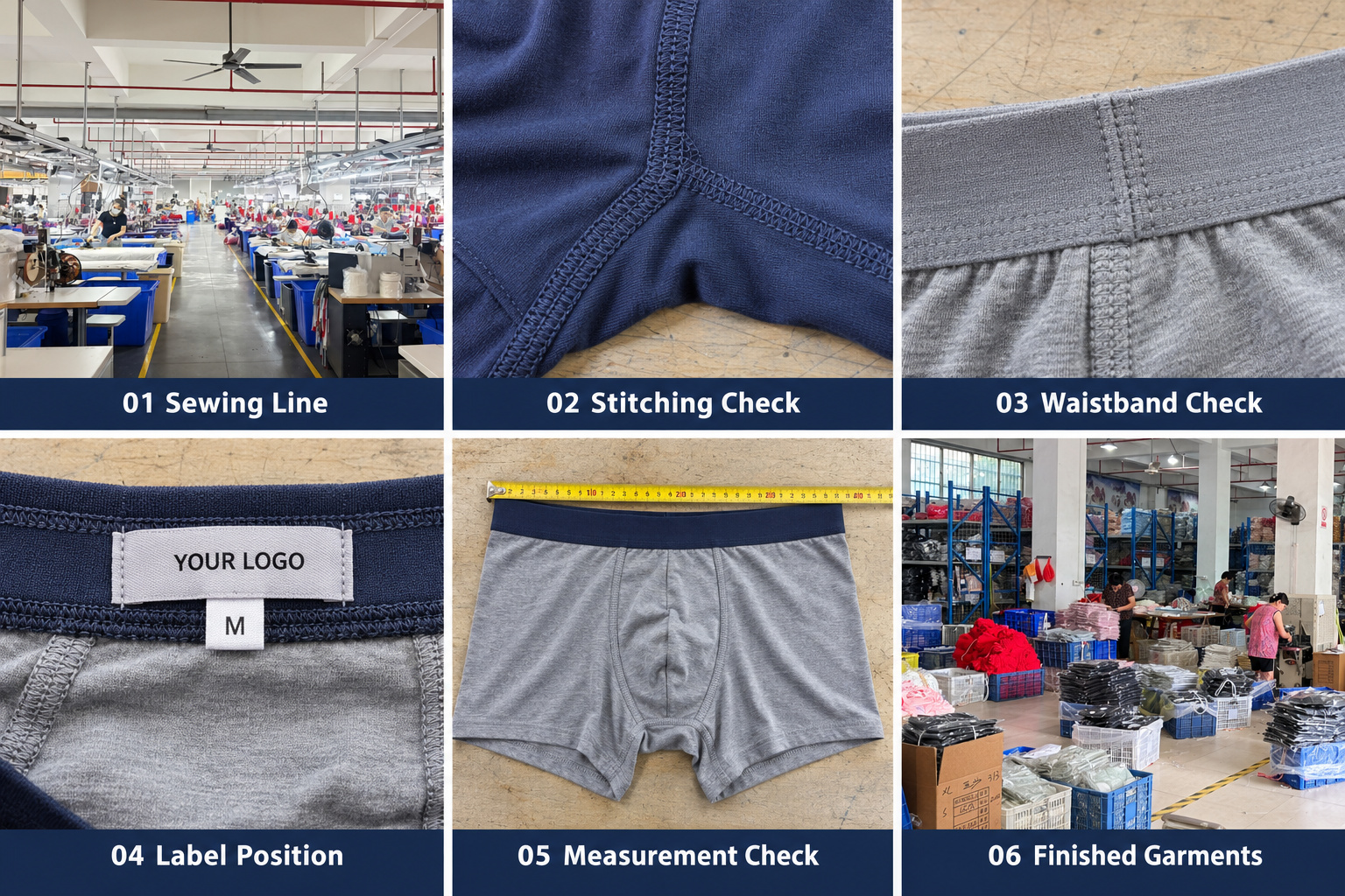 Underwear sewing line, stitching, waistband, label and measurement checks.