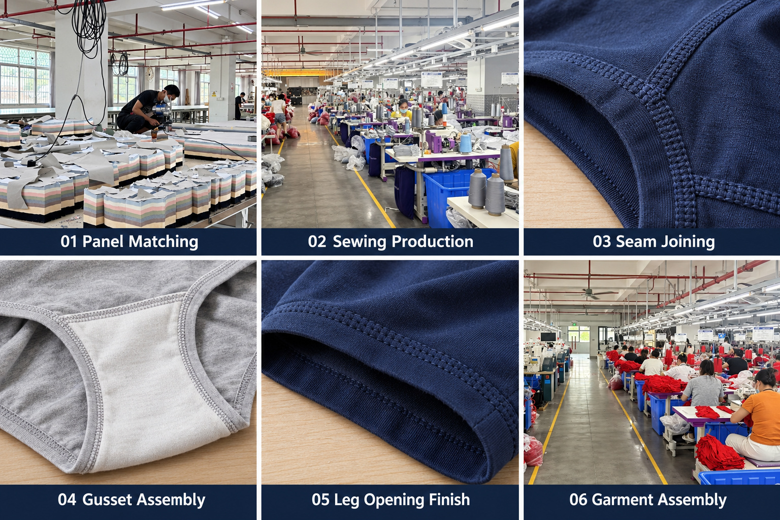 Underwear sewing, seam joining, gusset assembly and leg opening finishing.