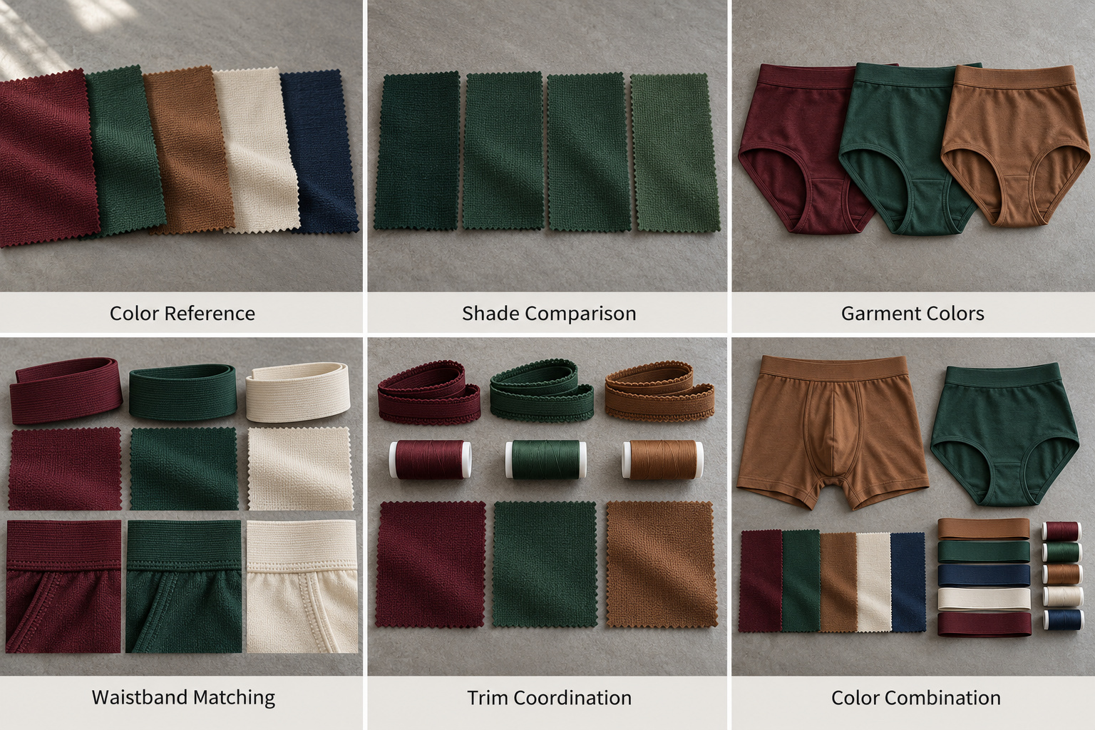Underwear shade comparison and coordinated garment, waistband and trim colors.