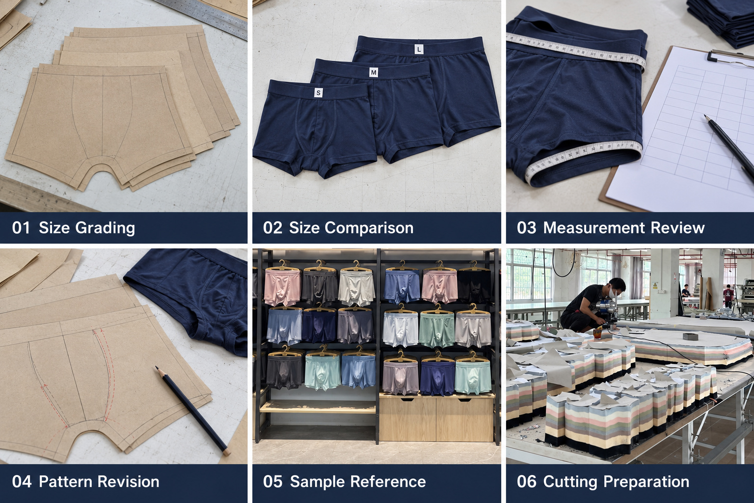Underwear size grading, sample comparison, measurement review and pattern revision.