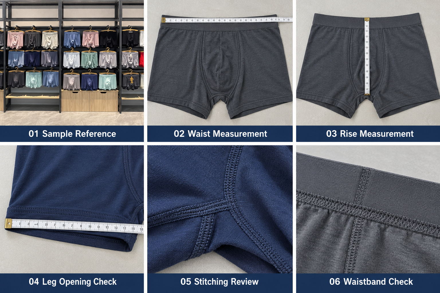 Underwear waist, rise and leg opening measurements with stitching and waistband checks.