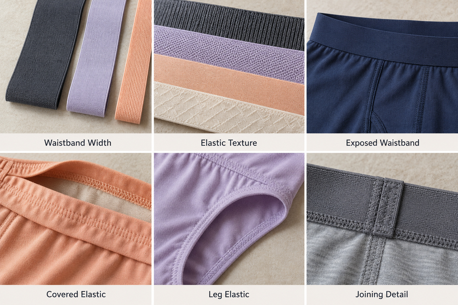 Underwear waistband widths, elastic textures, covered elastic and joining details.